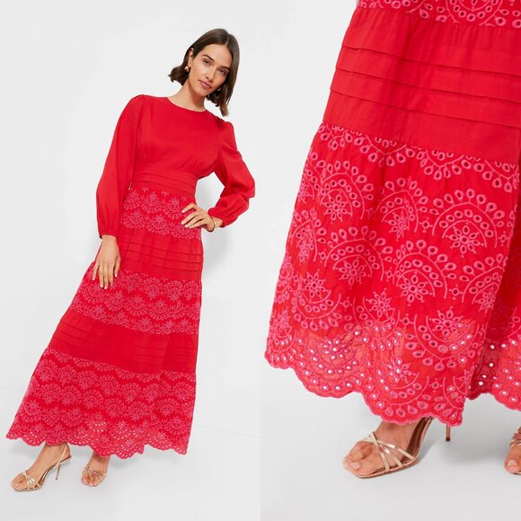Pomander Place Red Eyelet Long Sleeve A Line Maxi Dress NWT Size L - Picture 2 of 11